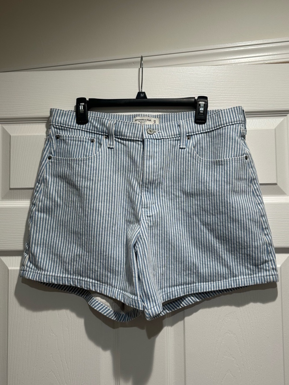 Abercrombie & Fitch Blue and White Striped High-Rise Jean Shorts